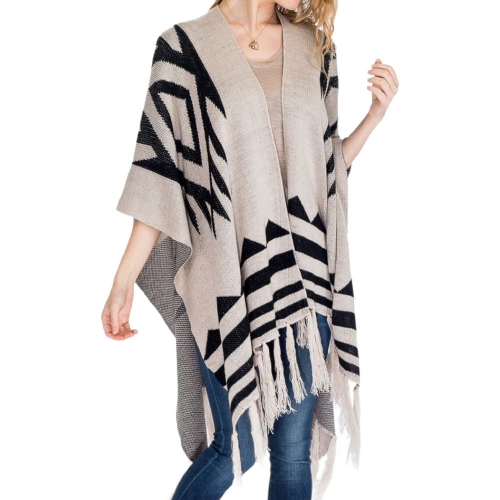 New Arrival! Poncho Aztec Design Ivory/Black NWT
